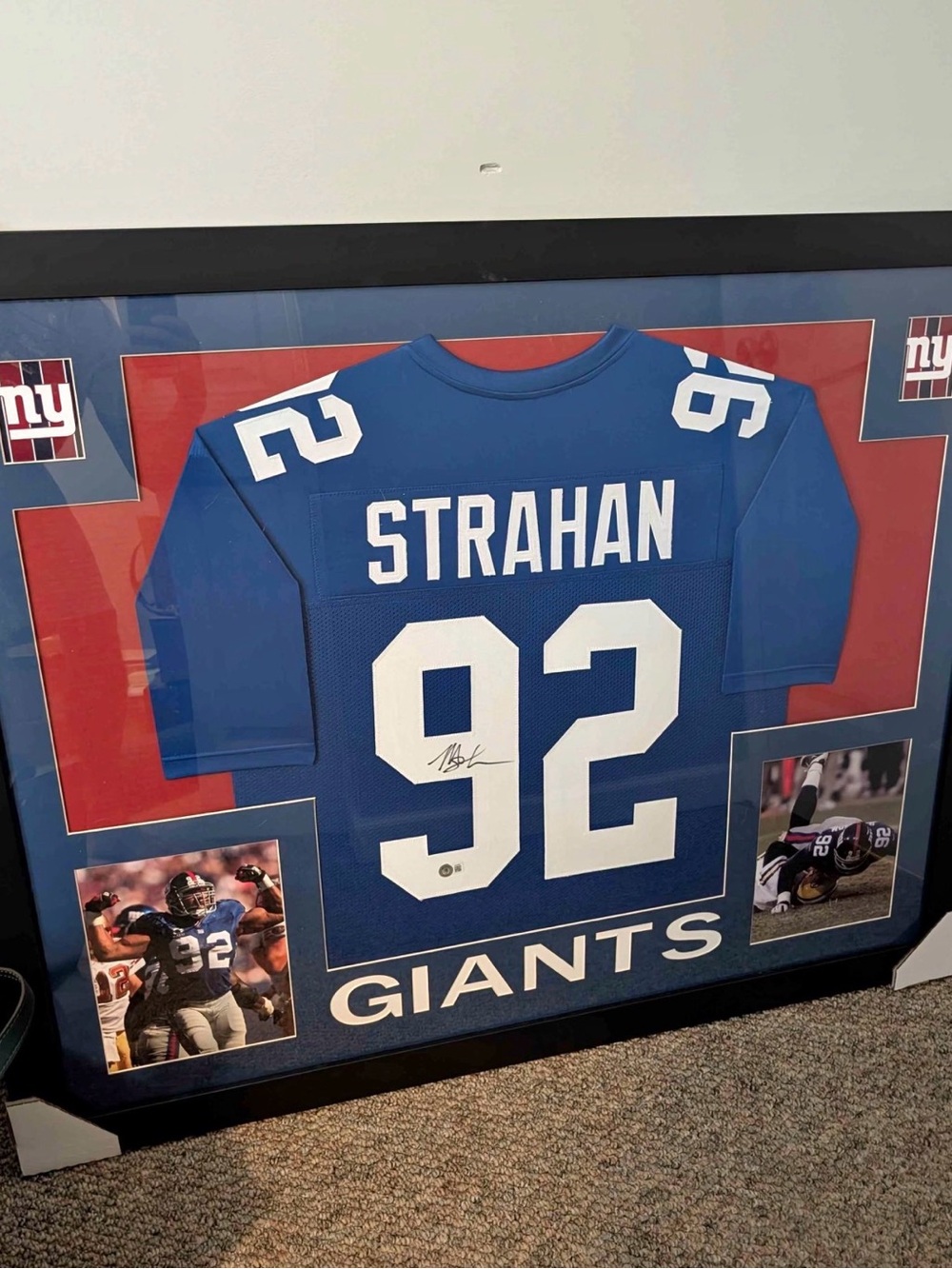 Signed Blue Framed Football Jersey Wall Art - Giants 92